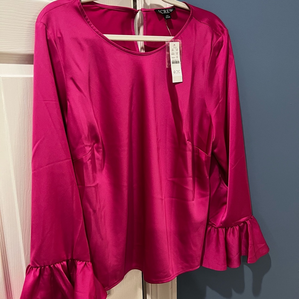 J. Crew Fuchsia Satin Blouse with Ruffled Sleeves